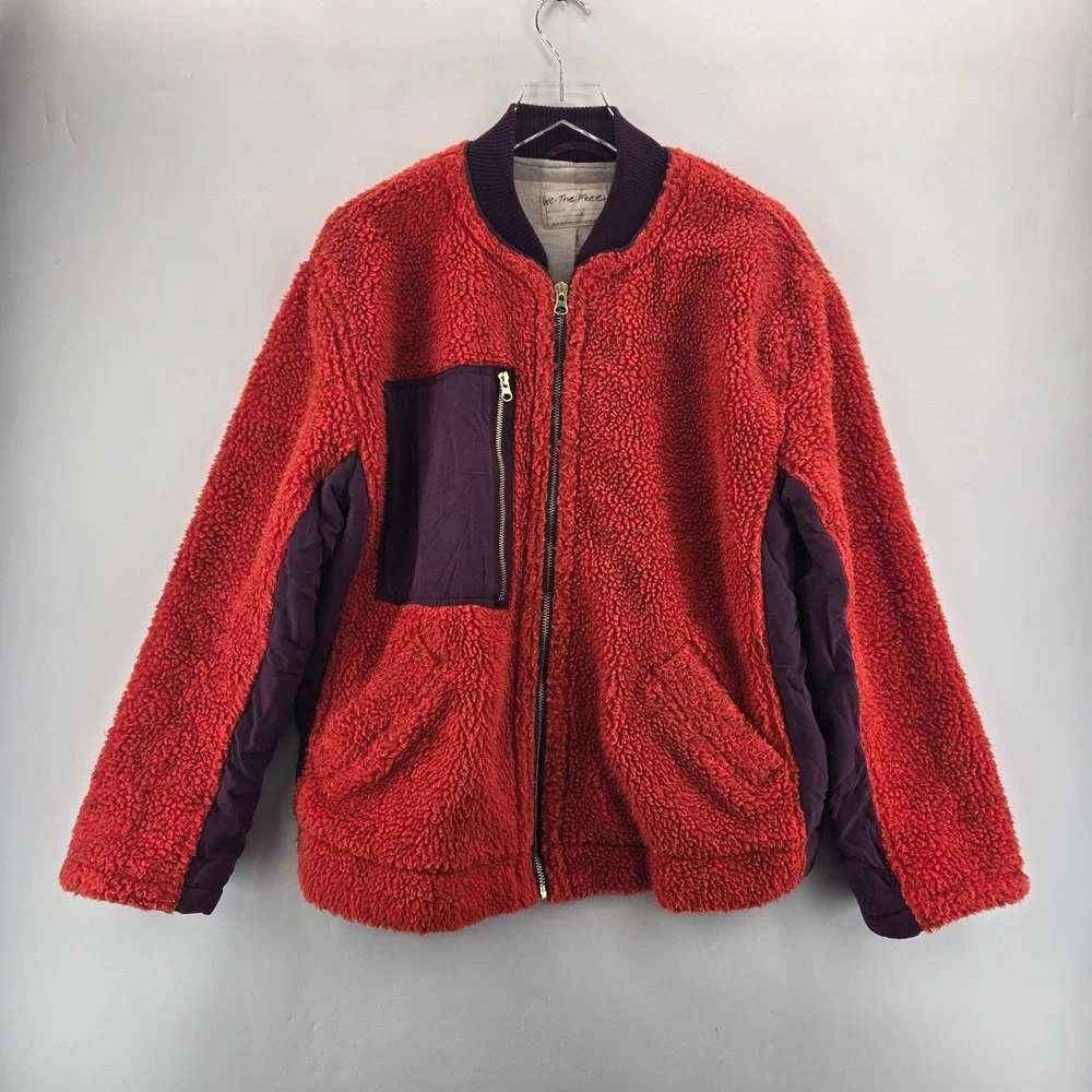 We The Free People Rivington Red Purple Sherpa Fleece Bomber Jacket Womens Small